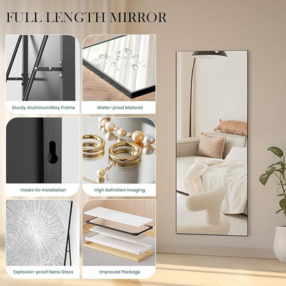 NEWBULIG Mirror Full Length, 64"x21" Body Wall Mirrors with Shatter-Proof Glass, Upgraded Floor Standing Mirror, Hanging or Leaning, with Stand Aluminum Alloy Frame for Home Decor, Bedroom, Black