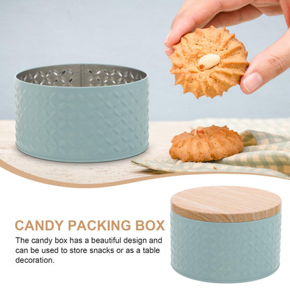 Lurrose Small Round Cookie Tins with Wood Lids Airtight, 6"D x 8"H Metal Cookie Jar, Small Empty Biscuit Tin Tinplate, Foods Storage Container Tin for Candy Cookies, Tea Canister(Blue)