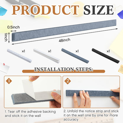 Mooliwe 4 Pcs 48" x 1" Felt Cork Bulletin Bar Strips for Wall, Self-Adhesive Notice Board Strips, Wall Decor for Notes, Photos, Schedules, Office & Home Use (Silver Black White Grey)