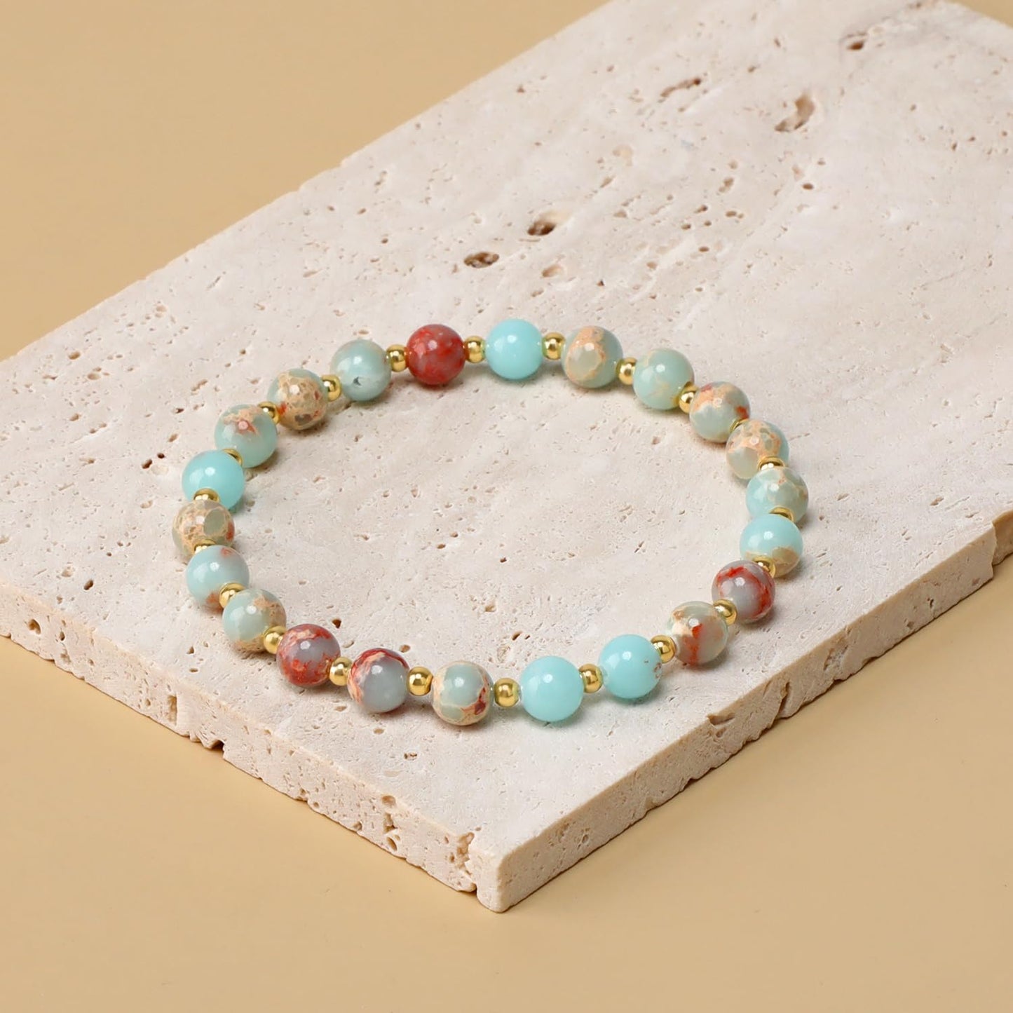 QOGIR Imperial Jasper - Stone of Success - 14K Gold Plated Beads Natural Gemstone Stretch Elastic Dainty Healing Beaded Bracelets Gifts 6mm