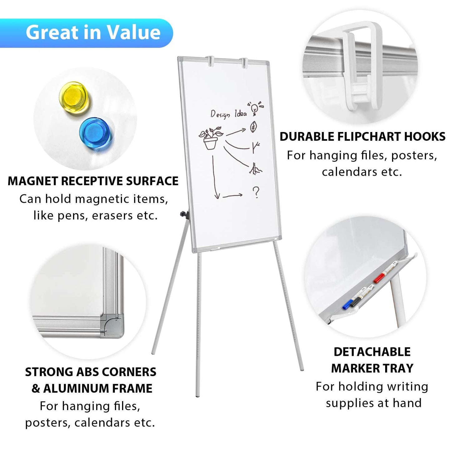 Easel Whiteboard - Magnetic Portable Dry Erase 36 x 24 Tripod Height Adjustable, 3' x 2' Flipchart Easel Stand White Board for Office or Teaching at Home & Classroom (36x24 White)