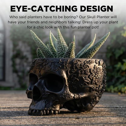 Black Skull Planter Pot 6 Inch Skeleton Head Pot for Succulents Flowers, & Bowl Dish Gothic Decor for Garden Home Parties Haunted House Spooky Black Display Halloween Skull Flower Pot Decoration Gift