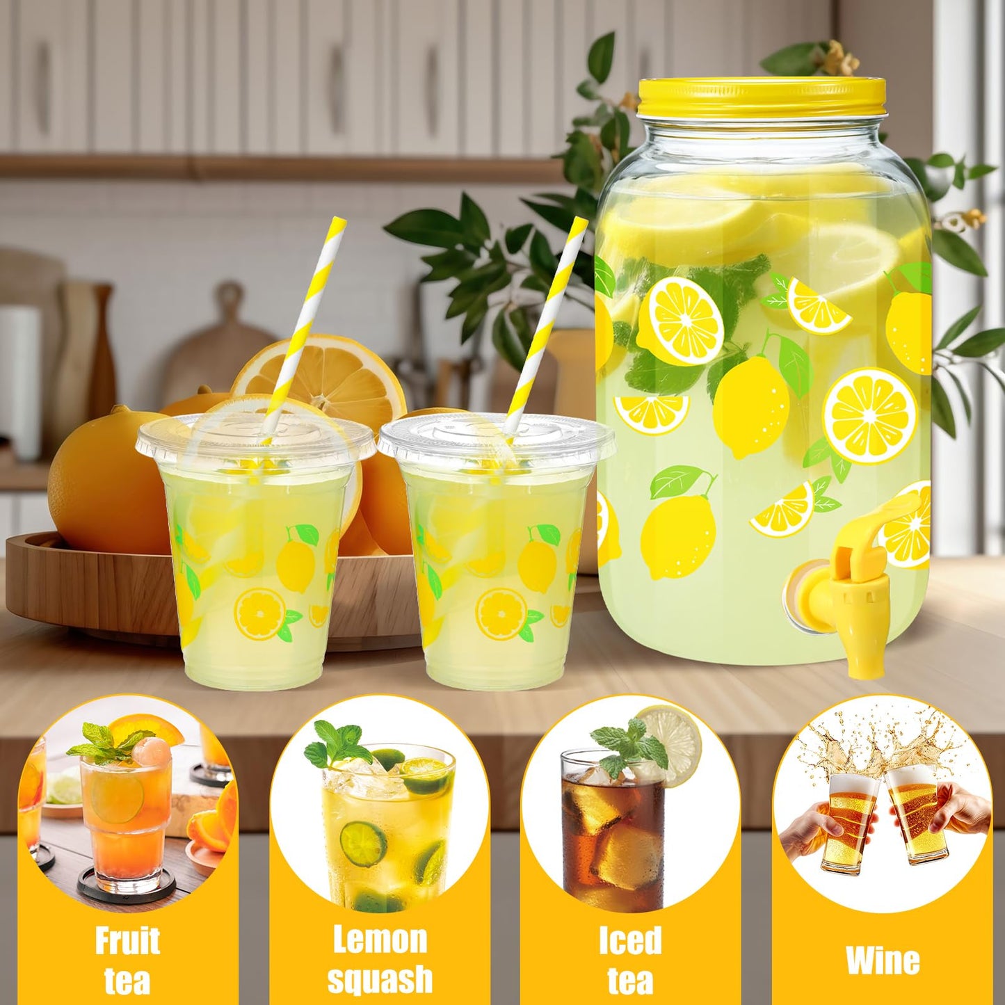 Umigy 1 Gallon Glass Lemonade Dispenser with 100 Pcs 16 oz Disposable Plastic Lemon Cups with Lids and Straw Drink Dispenser with Spigot for lemonade Stand Supplies Party Juice Ice Tea Beer Beverage