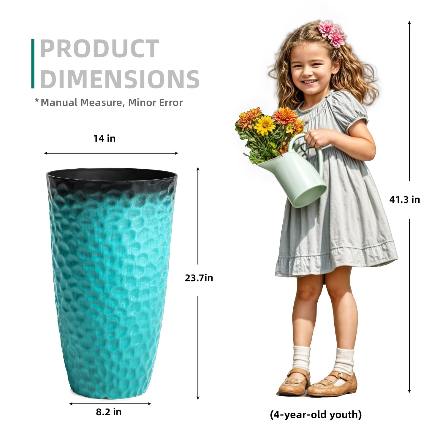 Ultym 23.75" H Large Tall Outdoor Planters, Set of 2 Plastic Large Flower Pots for Outdoor Plants, with Turquoise Teal Honeycomb Texture, Weather-Resistant for Porch, Garden, Patio or Indoor Use
