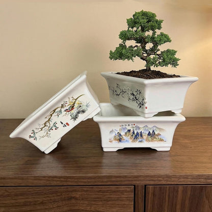 KyoYi Bonsai Pots with Drainage Tray, 6 Inch Plant Pot, Rectangular Chinoiserie Ceramic Planters,Painted Shallow Pot for Succulents, Bonsai Tree, Indoor Plants | Home Office Table Top Decor & Gifts