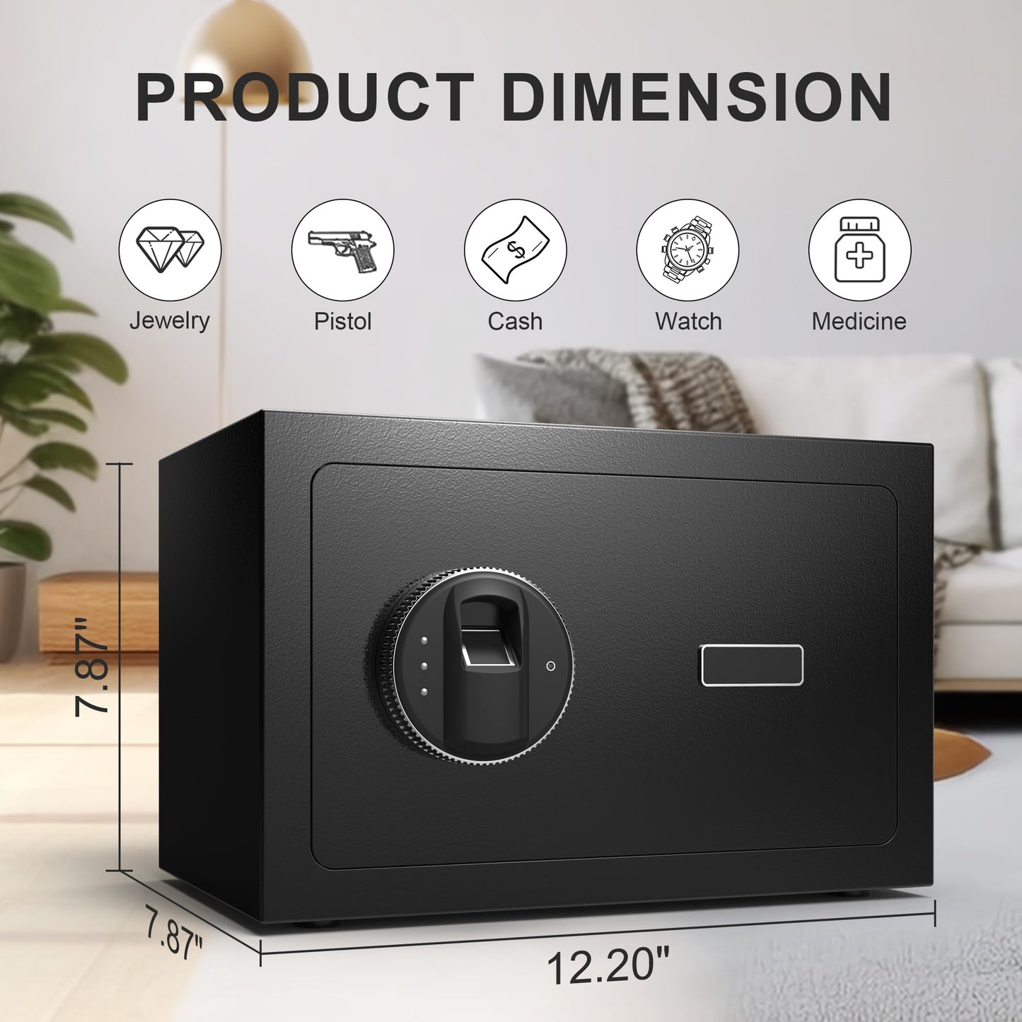 Marcree 0.6 Cub Small Safe, Money Safes with Fingerprint Lock, Fingerprint Safe Box Fireproof Waterproof with 3 Locking Bolts, Security Small Safes for Home Firearm Money Valuables Documents, Black