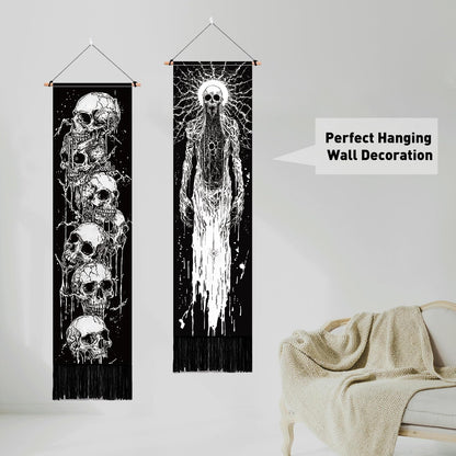 PLIGREAT 2 Pack Skeleton Tapestry with Tassels, 52" x 13" Black and White Aesthetic Wall Hanging Goth Style Vertical Home Art Tapestry for Bedroom Living Room Long Narrow Wall Hanging Art Decor