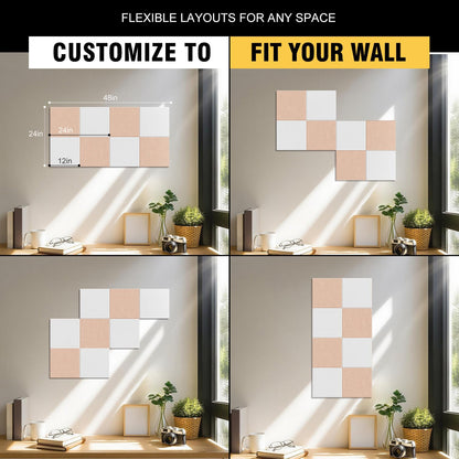 TSJOFFICE Large Cork Board for Wall - 48" x 24" Bulletin Board with 30 Pushpins for Office Decor, Pin Board 8 Pack Felt Tiles with Safe Removable Adhesive Tabs, Corkboard for Home - Cinnamon & White