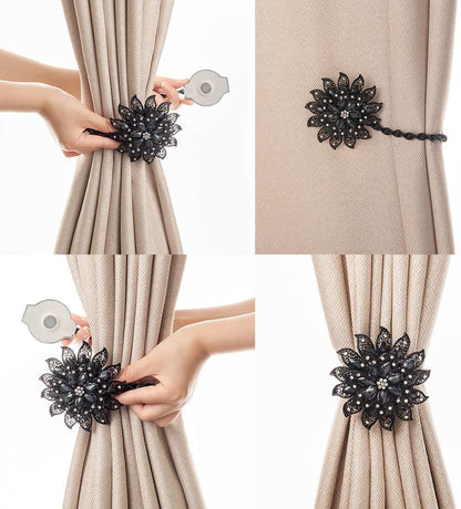 SUQ I OME Classic Luxury Big Crystal Curtain Magnetic Tieback Flower Curtain Clips Buckle with Stretchy Wire Rope for Home Office Decoration(Black,2PCS)