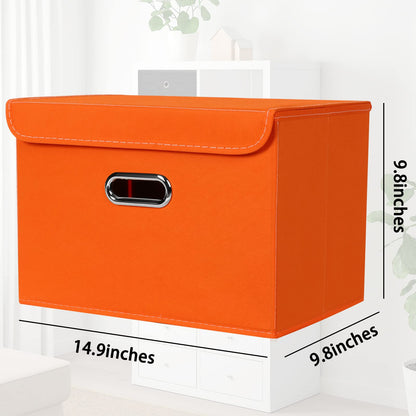 STOREONE Fabric Storage Cube Bins Foldable Organizer Container Collapsible Basket with Lids and Metal Handles, for Home, Bedroom, Closet 3 Pcs (Orange)
