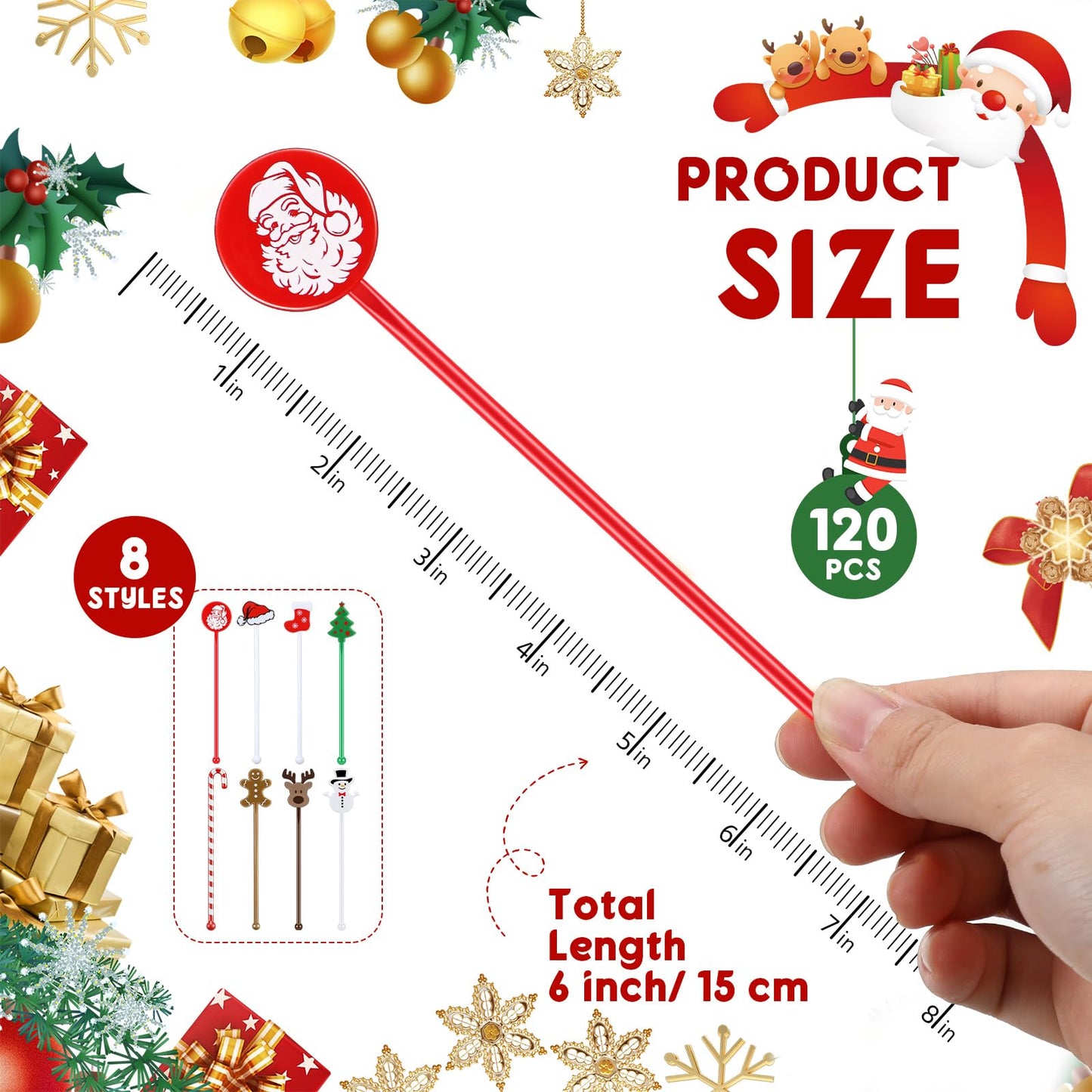 SiliFine 120 Pcs Christmas Plastic Swizzle Sticks Christmas Coffee and Cocktail Stirrers Hot Cocoa Stir Sticks Coffee Bar Decoration Reusable Beverage Drink Stirrers for Xmas Party Favor