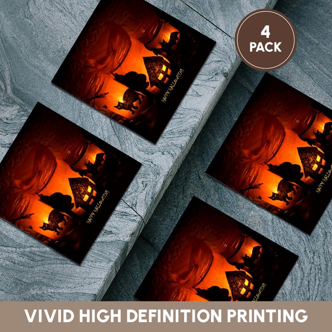 3dRose CST_6025_3 Halloween Cat, House and Bat Luminaries Ceramic Tile Coasters, Set of 4