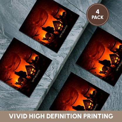 3dRose CST_6025_3 Halloween Cat, House and Bat Luminaries Ceramic Tile Coasters, Set of 4