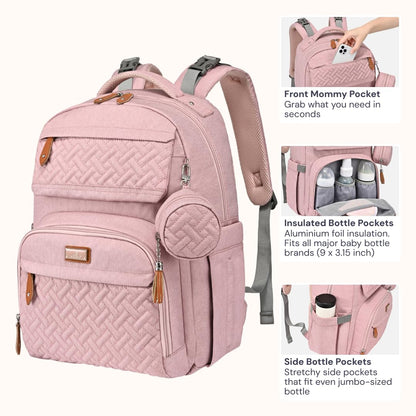 BabbleRoo Diaper Bag Backpack - Travel Large Baby Diaper Bag with Changing pad, Waterproof Baby Bags for Mom & Dad, Unisex Bags with Pacifier Case, Luggage Strap & Stroller Clips– Pink