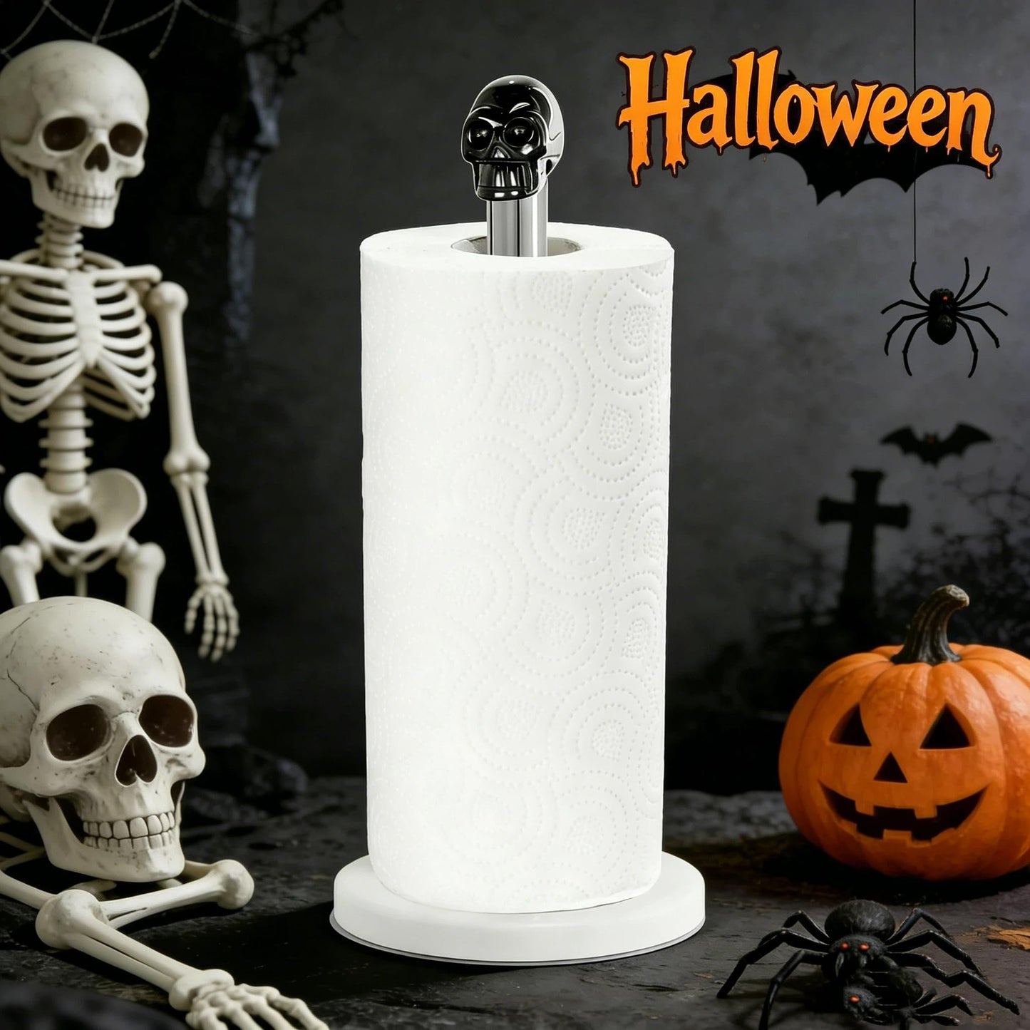 Homestia Skull Paper Towel Holder - Black Obsidian Gothic Marble Stainless Steel Countertop Stand, Weighted Non-Slip Base, Fits Standard & Jumbo Rolls for Kitchen Bathroom