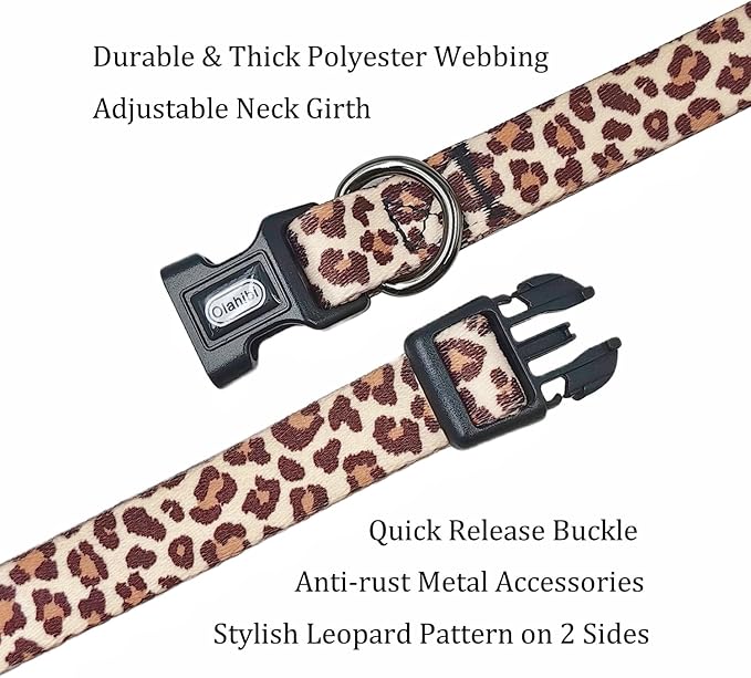 Dog Collar Leash Set, Leopard Pattern, Polyester Material, Adjustable Collar and 5ft Matching Leash, for Small Dogs.(S, Light Coffee Leopard)