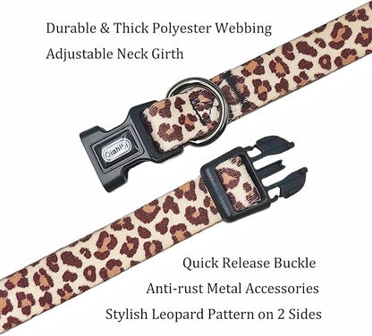 Dog Collar Leash Set, Leopard Pattern, Polyester Material, Adjustable Collar and 5ft Matching Leash, for Medium Dogs.(M, Light Coffee Leopard)
