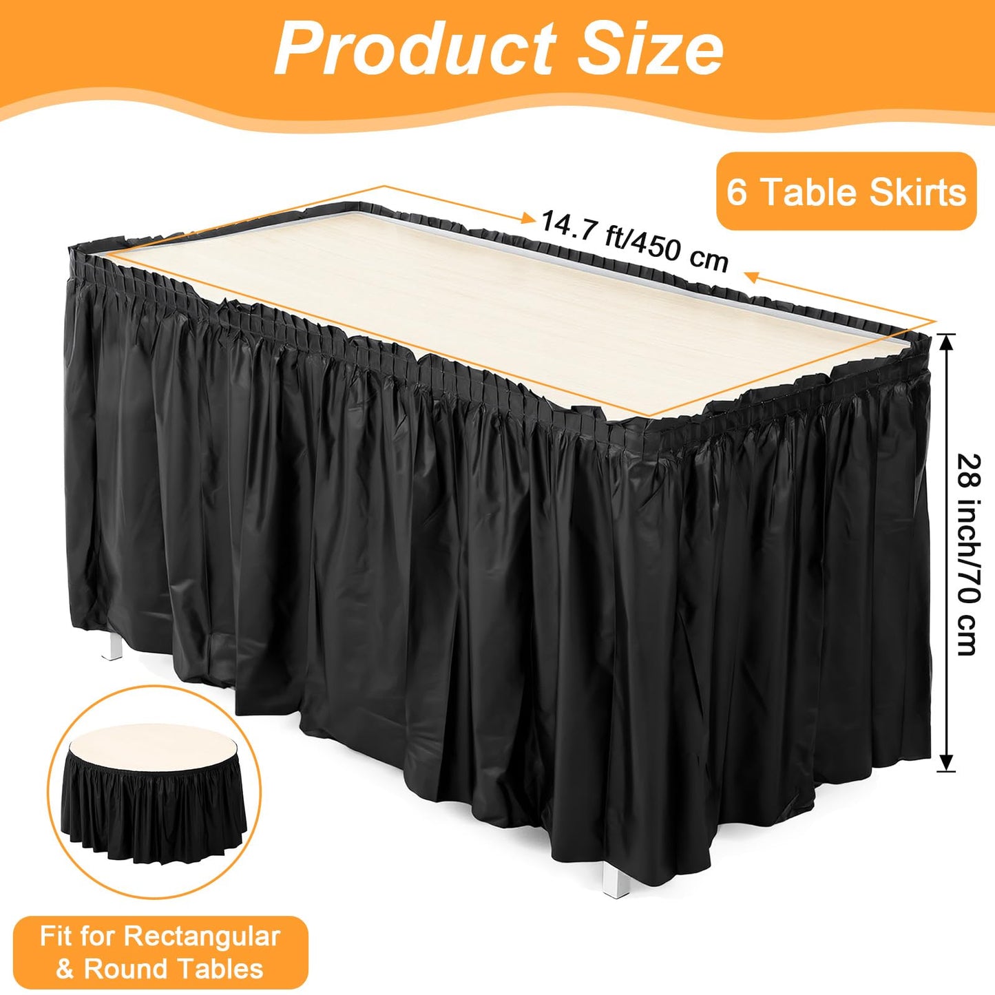 6 Pcs Plastic Table Skirt 28 Inches x 14.7 ft Disposable Table Skirt for Rectangle Tablecloth Wedding Shower Birthday Party Banquet(Black)