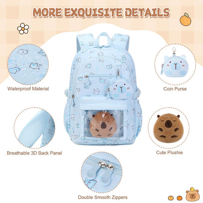 Similove Capybara Theme Backpack for School Girls, 35PCS Kids Backpack Set with School Supplies Stationery Kit Lunch Box Pencil Case, Cute Girls Bookbag for Kindergarten Elementary Student