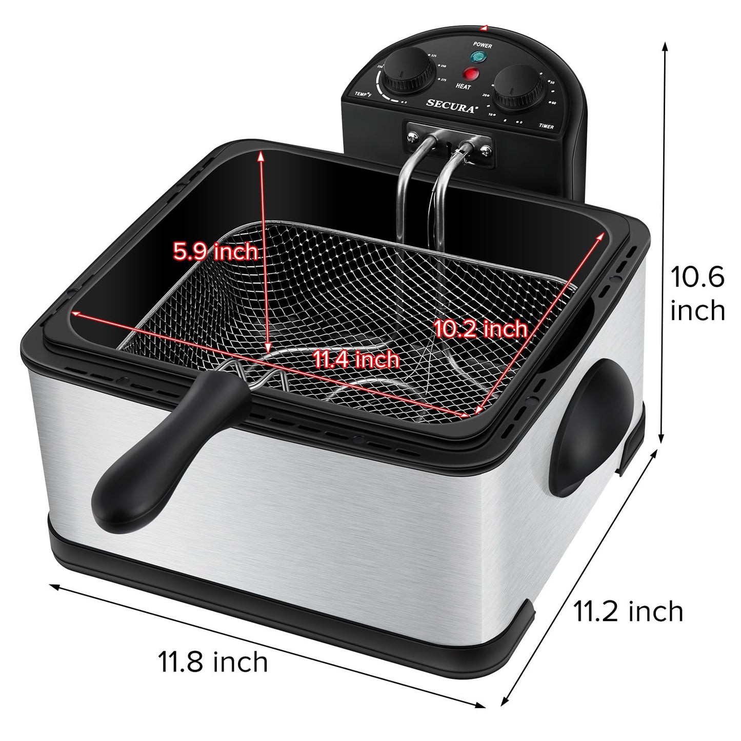Secura 1700-Watt Stainless-Steel Triple Basket Electric Deep Fryer with Timer Free Extra Odor Filter, 4L/17-Cup, Red