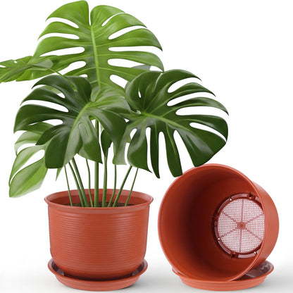 RimCereal 2 Pack 14 Inch Plastic Large Terracotta Plant Pot with Drainage Hole and Saucer Large Plant Tree Pots Flower Tree Containers for Indoor Outdoor Gardening Front Porch Patio Yard or Deck