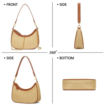 KKXIU Summer Straw Beach Woven Shoulder Bag Vacation Clutch Purses for Women Hobo Tote Handbags ((Brown+khaki)