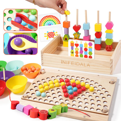 INIFEIDALA Montessori Toys for 3 4 5 Year Old,Stacking Blocks,Lacing Beads & Shape Stacker,Wooden Beads Sequencing Toy Set,Fine Motor Skills & STEM Preschool Learning Gifts for Toddlers Boys & Girls