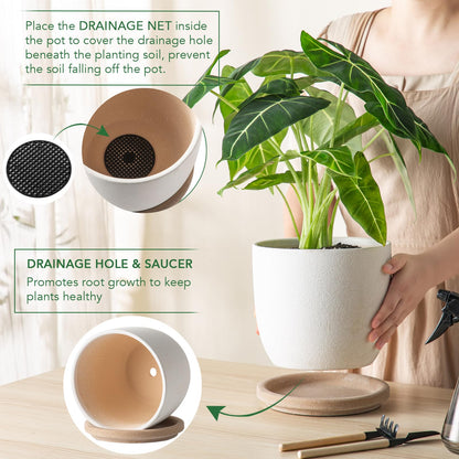 POITONRU Ceramic Flower Pots Indoor-Outdoor: 7.75 Inch Large Planters with Drainage Holes & Saucer - Modern Decorative Plant Pots Ceramic for Home Gardeners (White)