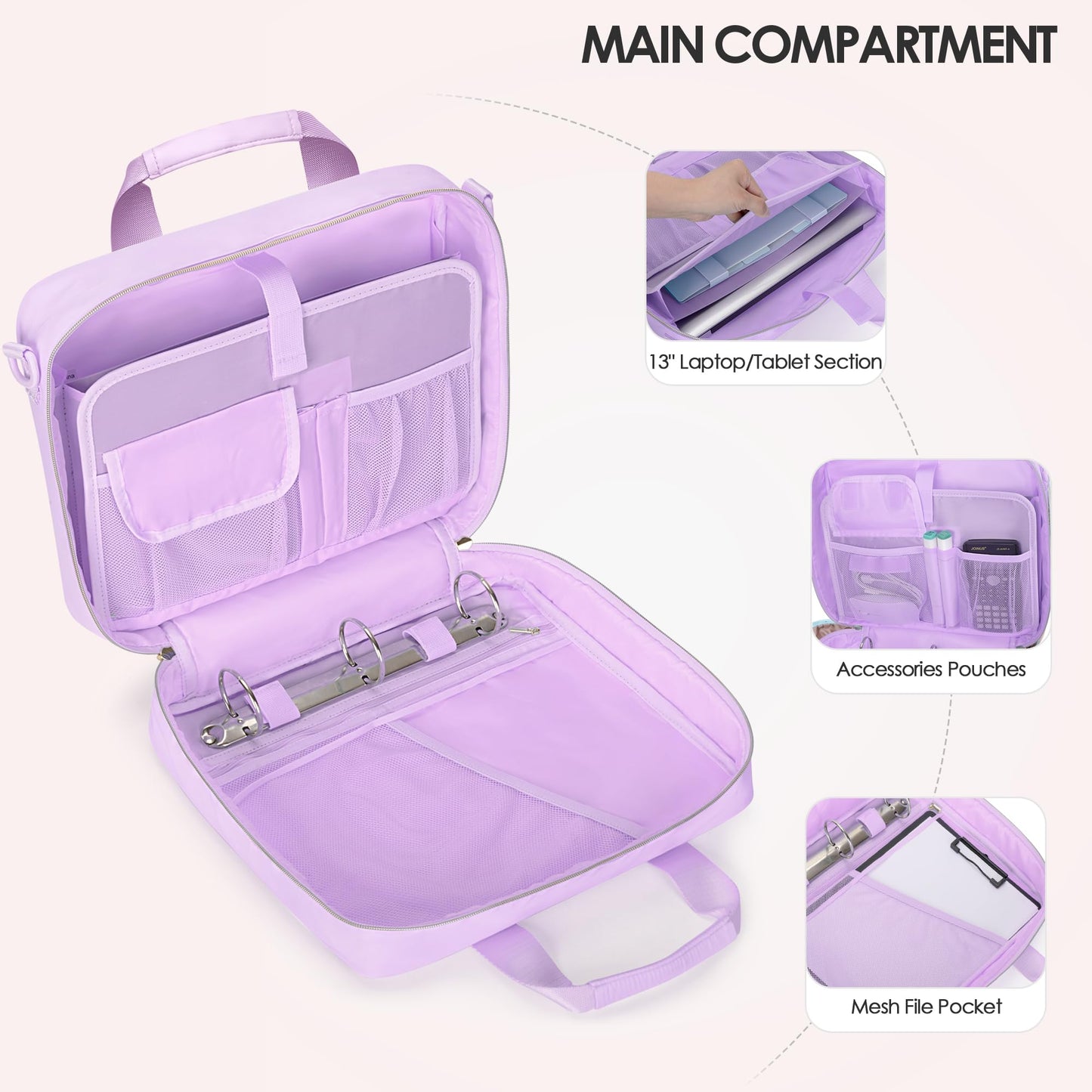 Prokva 3 Ring Zipper Binder, 2 Inch Ring Binder Organizer Bag with Shoulder Strap Fits 13 Inch Laptop and 500 Sheets, Purple(Empty Bag Only)