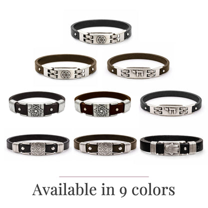 Alef Bet by Paula Chai Leather Bracelet for Men and Boys - Genuine Black Leather with Silver Plated Hebrew Chai Charm - Symbol of Life - Adjustable Bar Mitzvah Gift