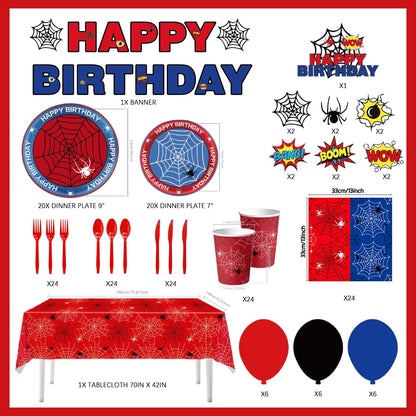 202Pcs Spider Birthday Decorations Party Supplies, Includes Plates Napkins Cups Cutlery Banner Balloons Cake Toppers, Serve 24