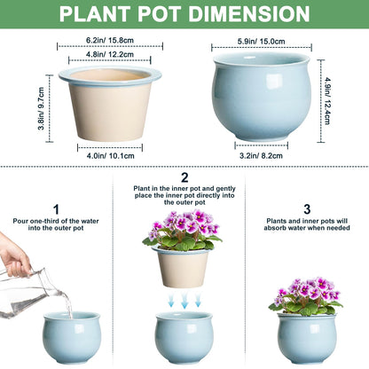 Teagas Ceramic African Violet Pots for Indoor Plants, 6 Inch Self Watering Planters with Absorbent Inner Pot, Self Watering Plant Pot, Ceramic Flower Pots, Desk Decor, Housewarming Gifts, Light Blue