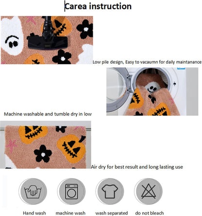 Aldopein Cute Halloween Indoor Bath Mat Non Slip 2x3 Entryway Rugs Washable, Boho Floral Pumpkins Ghost Fall Halloween Throw Area Rugs for Girls Bathroom Kitchen Bedroom Spooky Aesthetic Decor