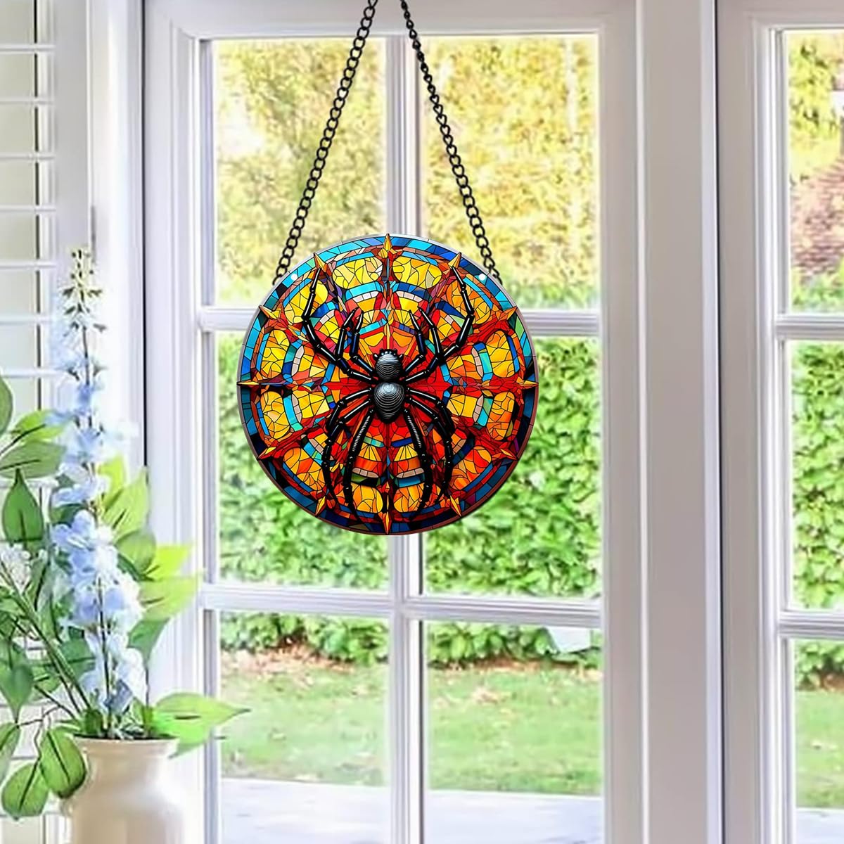 Black Spider Stained Window Hanging, 11.81 in Large Acrylic Suncatcher Window Panel Double-Sided Wall Decor for Cafe Home, Gift for Mom, Grandma, Wife, Teacher, Insect Lover
