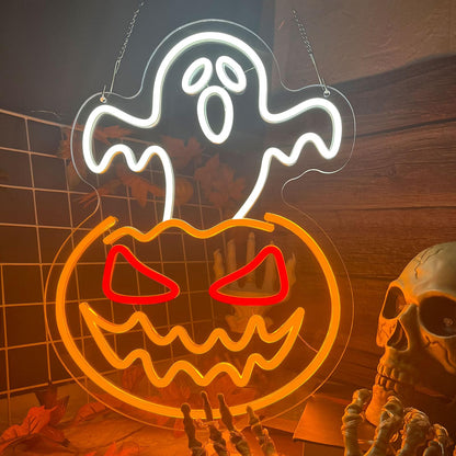 Halloween Ghost Pumpkin Neon Sign,Ghost Face Neon Light Spooky Pumpkin Neon Light Up Signs Dimmable LED Halloween Skull LED Sign for Bedroom Game Room Mancave Bar Halloween Party