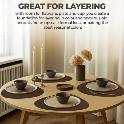 CaSail Faux Leather Placemats and Coasters - Set of 4 Round Modern Brown Table Mats for Dining - Heat Resistant, Waterproof & Non Slip Place mat for Indoor & Outdoor - Wipeable for Easy Care (Brown)