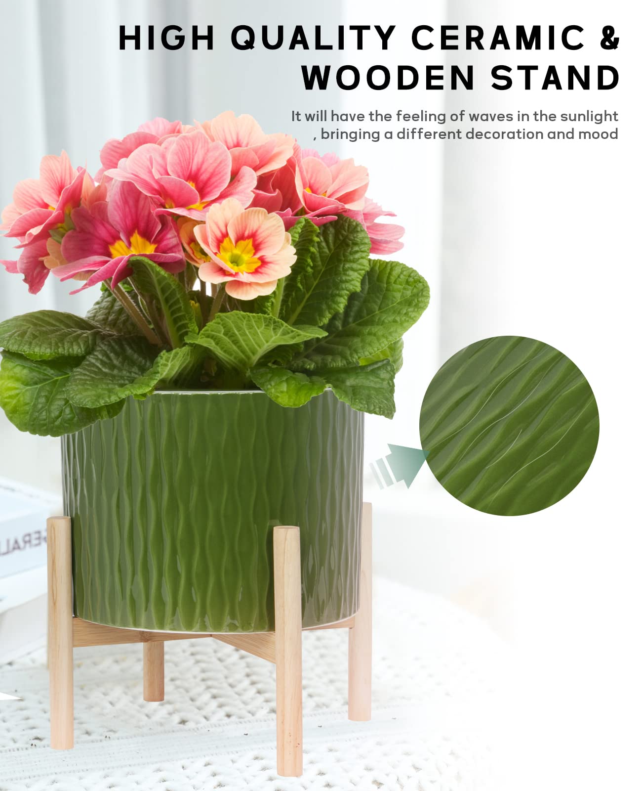 LaDoVita Ceramic Plant Pot with Stand, 10 Inch Planter with Wood Shelf, Modern Round Flower Pots Indoor with Wood Planter Holder, Dark Green Water Ripple Pattern