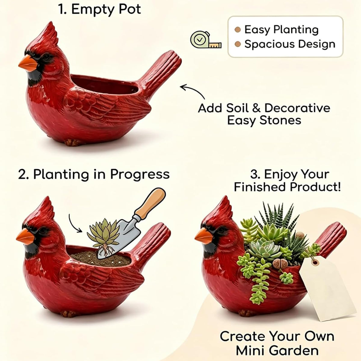 Cardinal Bird Succulent Planter, Upgraded Resin Red Birds Plant Pot with Drainage Hole, Cardinal Flower Pot Resin Decorative Bird Planter, Cute Animal Plant Pot for Indoor Outdoor Plants (Mix*1)
