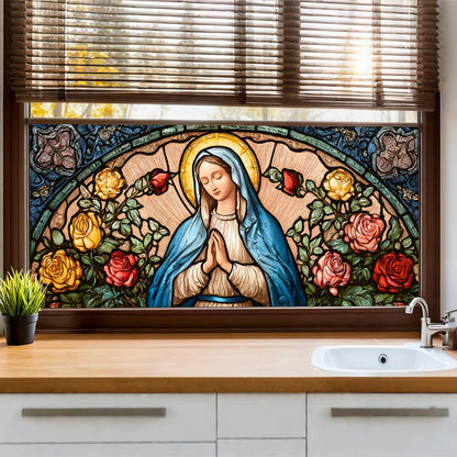 WDESYADMS Window Privacy Film 39x17 Inch Stained Glass Virgin Mary and Roses Design Peel and Stick Static Cling Decorative Window Film for Living Room Bedroom Glass Door