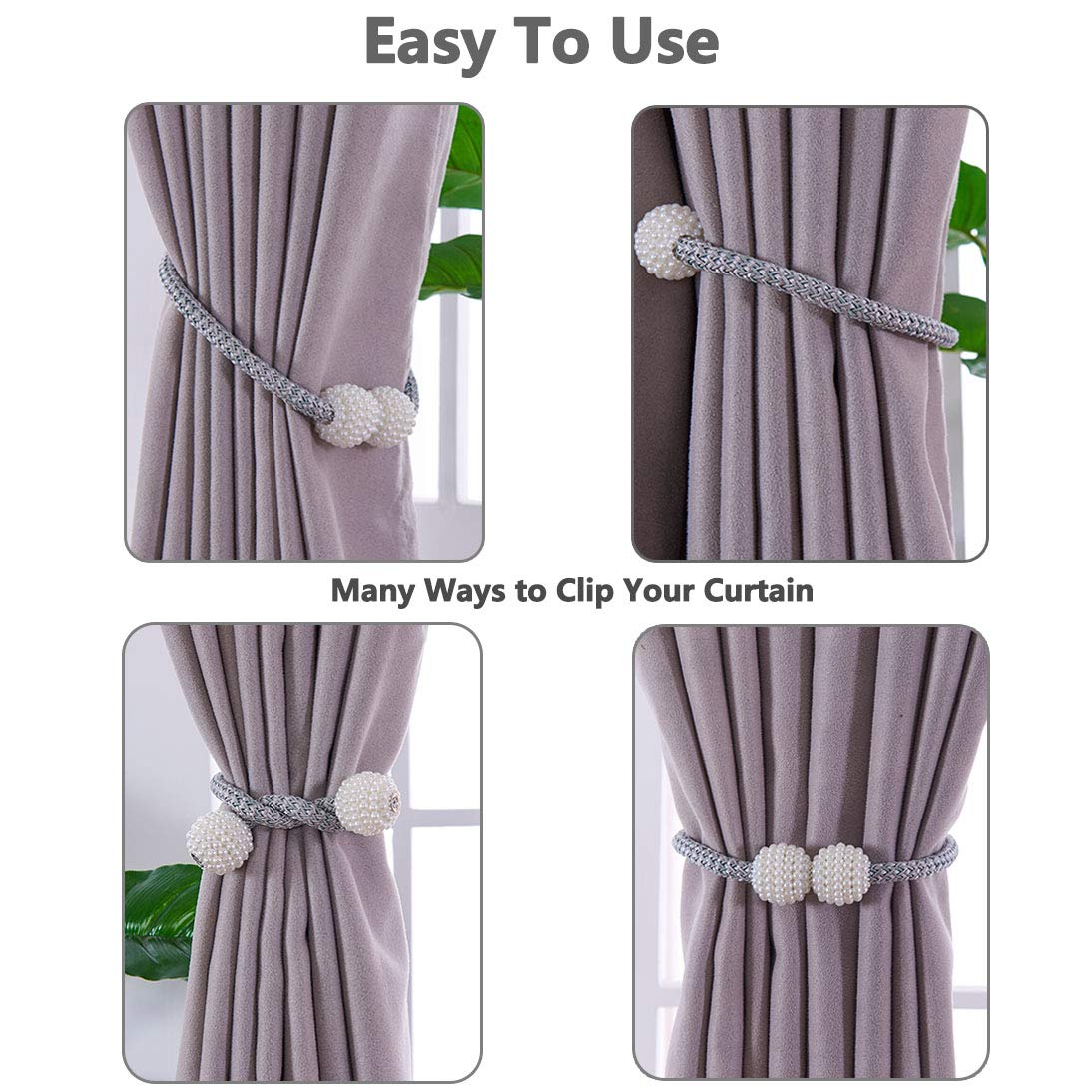 Melaluxe 6 Pack Magnetic Curtain Tiebacks, Decorative Curtain Holdbacks for Window Décor (Grey)