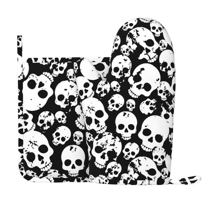 Skull Black And White Oven Mitts And Pot Holders Set Of 2 Silicone Heat Resistant Oven Mitten Potholders Non Slip Gloves Kitchen Decor For Bbq Cooking Grilling Baking