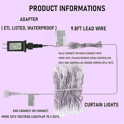 Dazzle Bright 300 LED Christmas Curtain String Lights, 8 Modes, Waterproof, Purple, Model CL-300CC