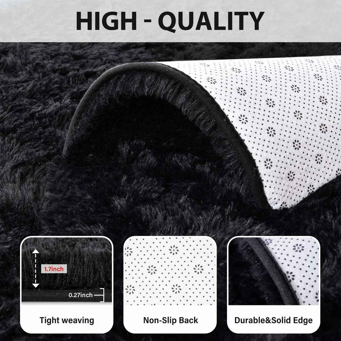 FinRèc 8x10 Feet Area Rugs for Living Room Bedroom, Fluffy Shaggy Large Rug, Non-Slip Soft Black Fuzzy Rugs for Nursery Kids Room Dorm Room Home Decor, Indoor Plush Floor Carpet
