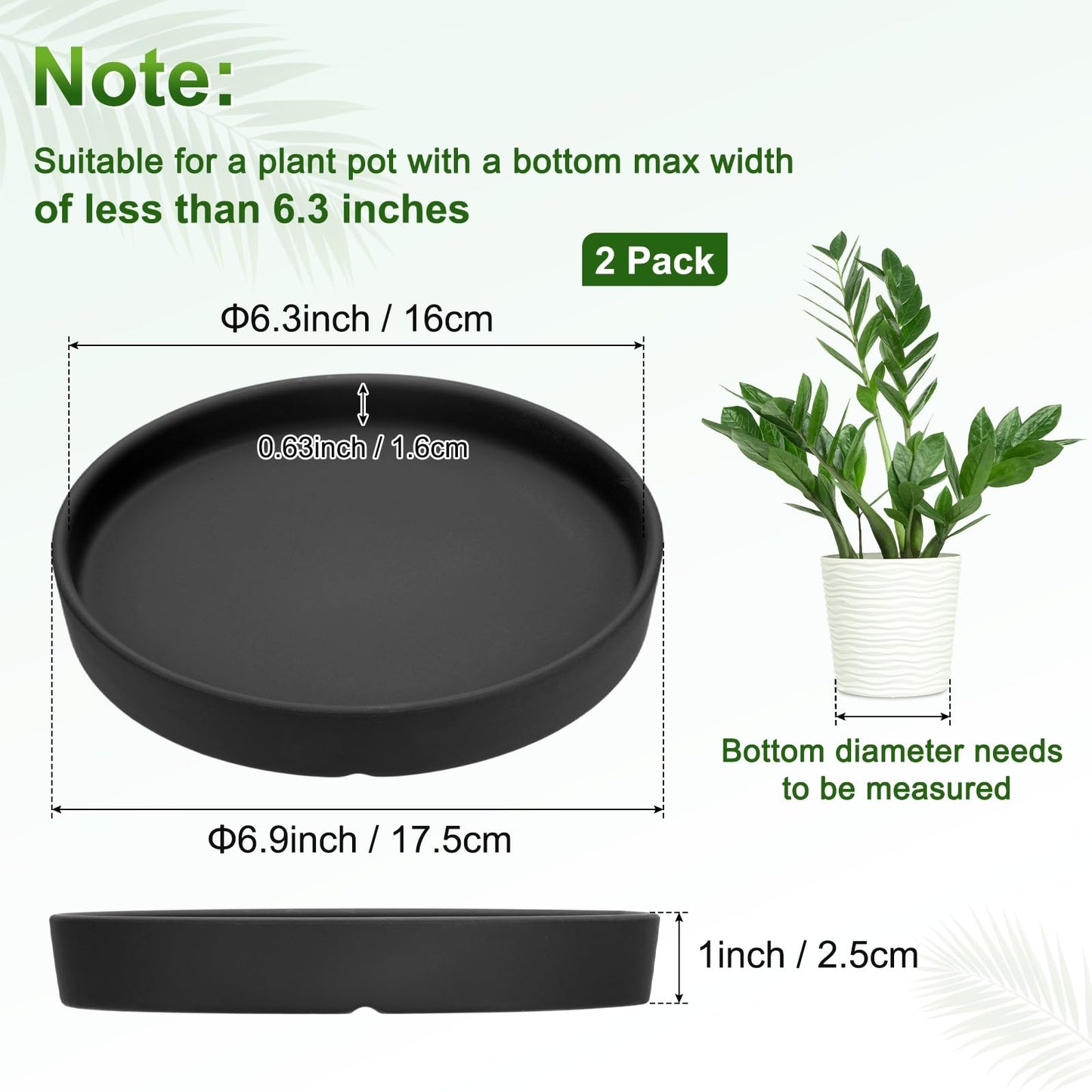 M METERXITY 2-Pack Plant Saucers, 6.3 Inch ID Anti-Rot Root Ceramic Flower Pot Plant Saucers for Indoor/Outdoor, Round Flowerpot Drip Tray [6.9 Inch OD, Black]