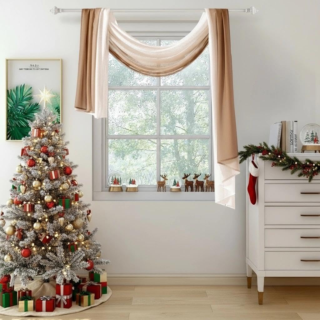 NAPEARL Ombre Window Scarf Valance, Romantic Gradient Voile Scarf Valance for Ceremony Backdrop, Wedding Arch, Kids Bedroom, Decorative Swag Curtain 144 Inches, Brown