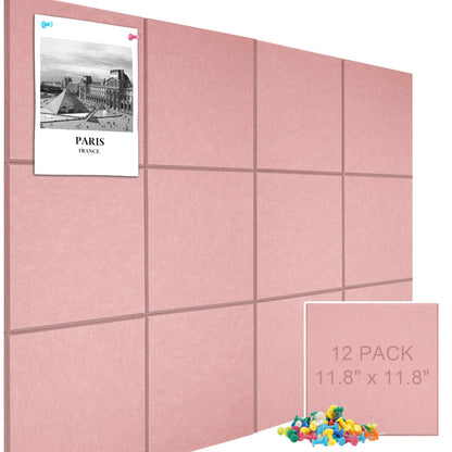 Large Cork Board Alternative 48" X 36" Bulletin Board - 12 Pack Removable Felt Wall Tiles with 30 pushpins, Large Cork Boards for Walls Cork Board for Office Pin Board Tack Board - Pink