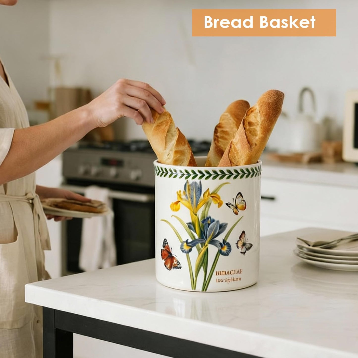 ACMLIFE Extra Large Cooking Utensil Holder, 7.3" Kitchen Utensil Holder for Countertop, Utensil Crock for Farmhouse Kitchen Decor, Ceramic Stable Utensil Caddy, Floral (Iris)
