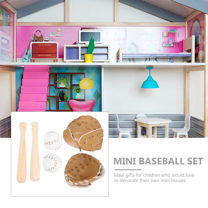 SHINEOFI 2 Sets Miniature Baseball Bats Gloves Kit Baseball Cake Topper Decoration Mini Sports Wooden Bat Leather Glove and Ball Set for Dollhouse Micro-Landscape Crafts Project Accessories, Khaki