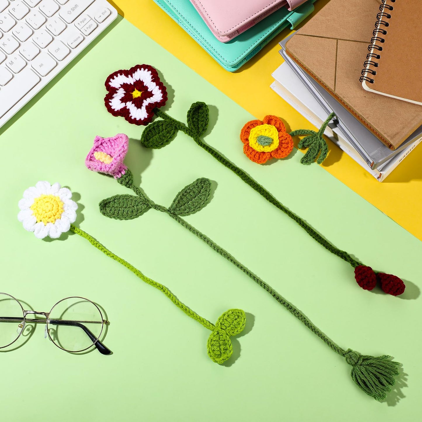 Harloon 4 Pieces Book Lover Gifts Flowers Crochet Bookmarks Handmade Knitted Book Marker Curtain Tiebacks Holdbacks Car Ornaments for Readers Writers Library(Cute)