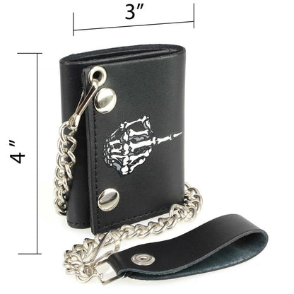Milwaukee Leather MLW7840 Men's 4” Black Leather Biker Wallet - Tri-Fold Anti - Theft Stainless Steel Chain w/Skeleton Finger - One Size